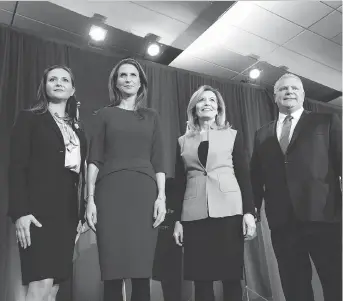  ?? JUSTIN TANG /THE CANADIAN PRESS ?? Ontario PC leadership candidates, from left, Tanya Granic Allen, Caroline Mulroney, Christine Elliott and Doug Ford appear on stage following their Feb. 28 leadership debate in Ottawa.