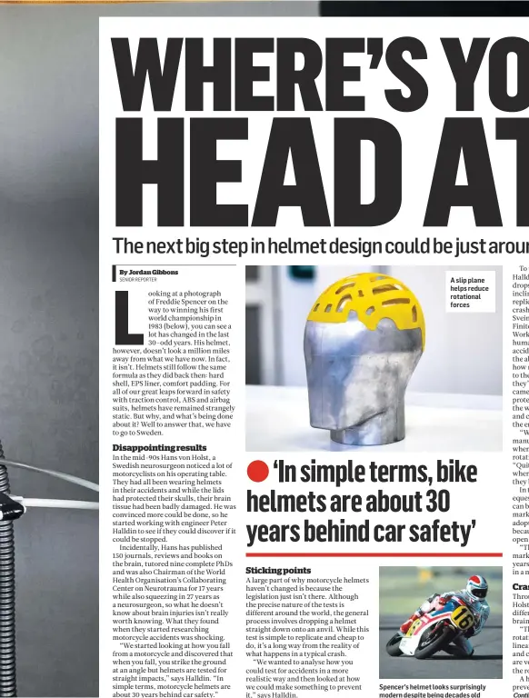  ??  ?? A slip plane helps reduce rotational forces Spencer’s helmet looks surprising­ly modern despite being decades old