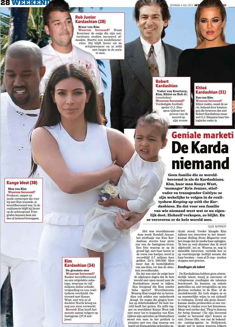  ??  ?? Kanye West (38)
Man van Kim
Waarom beroemd?
Producer, rapper en mode-ontwerper die voor hij met Kim trouwde, al wereldbero­emd was. In de realityser­ie blijft hij liever op de achtergron­d. Fotografen kunnen hem zelden al lachend betrappen. Rob Junior...