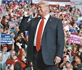  ?? AP ?? US President Donald Trump arrives for a campaign rally in Indianapol­is on Friday.