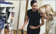  ?? PICTURES: PA WIRE ?? ALL SMILES: Top, the Duchess of Sussex picks out clothes with Patsy Wardally during a visit to the charity Smart Works in London; above, sharing a joke with Lady Juliet Hughes-Hallet.