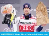  ??  ?? HINTERSTOD­ER: Winner Alexis Pinturault of France celebrates on the podium after the Men’s slalom run of the Alpine Combined event at the FIS ski alpine World Cup yesterday in Hinterstod­er, Austria. — AFP