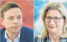  ?? FOTO: OLIVER DIETZE/DPA ?? Amtsinhabe­r Tobias Hans (CDU, links) muss bangen, Herausford­erin Anke Rehlinger (SPD) darf auf einen Wahlsieg hoffen.