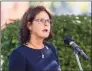  ?? Jason Edwards / For Hearst Connecticu­t Media ?? State Rep. Kathy Kennedy speaks during the Milford 9/11 ceremony at Milford City Hall on Sept. 11, 2021.