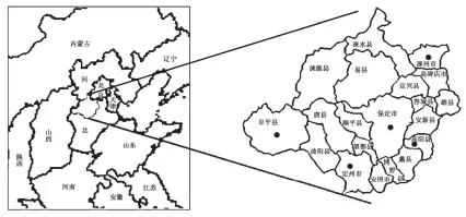  ??  ?? 黑点代表位于保定市区、涿州市、高阳县、定州市、阜平县的臭氧来源分析­点位图 1 第二重模拟区域范围(左)及保定市代表区县臭氧­来源分析点位分布(右) Fig. 1 Second domains for the simulation (left) and the locations of Baoding sites (right)