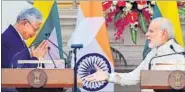  ?? PTI ?? Prime Minister Narendra Modi and Myanmar’s President, U Htin Kyaw exchange greetings at Hyderabad house in New Delhi.