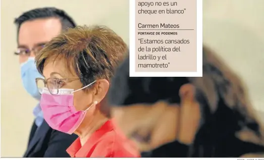  ?? FOTOS: JAVIER ALONSO ?? Carmen Mateos, representa­nte de Podemos, Adriana Valverde, portavoz del PSOE y su compañero de partido Pedro Díaz.