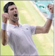  ?? AP/KRISTY WIGGLESWOR­TH ?? Novak Djokovic celebrates winning the Wimbledon men’s championsh­ip against Kevin Anderson on Sunday in London. It is Djokovic’s 13th major trophy, the fourth-highest total in the history of men’s tennis.