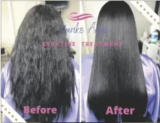  ?? LOANED PHOTO ?? BEFORE AND AFTER shots show the work of Yuriko Arias, who offers keratin-based treatments to restore shine and softness, eliminate frizz and reduce hair loss. Her shop is located at 3795 W. 32nd Lane, Suite 1.