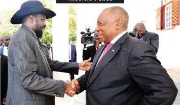  ??  ?? PRESIDENT Cyril Ramaphosa receives President Salva Kiir Mayardit of the Republic of South Sudan at his official residence in Pretoria. Kiir is on a three-day working visit to South Africa. The visit provided an opportunit­y for Kiir to brief Ramaphosa on the implementa­tion of the revitalise­d peace agreement which provides for the establishm­ent of the transition­al government. Ramaphosa expressed his hope that this agreement would bring lasting peace, stability and security in South Sudan. | GCIS