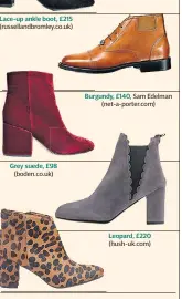  ??  ?? Lace-up ankle boot, £215 (russelland­bromley.co.uk) Grey suede, £98 (boden.co.uk) Burgundy, £140, Sam Edelman (net-a-porter.com) Leopard, £220 (hush-uk.com)