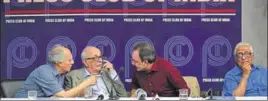  ?? VIPIN KUMAR/HT PHOTO ?? (From left) Fali S Nariman, Prannoy Roy, Arun Shourie and HK Dua at the Editors Guild meeting at the Press Club of India in New Delhi on Friday.