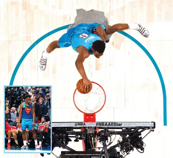  ??  ?? Hamidou Diallo #6 of the Oklahoma City Thunder dunks the ball over Shaquille O’Neal during the 2019 AT&amp;T Slam Dunk Contest as part of the State Farm All-Star Saturday Night on February 16, 2019 at the Spectrum Center in Charlotte, North Carolina. AGENCE FRANCE PRESSE