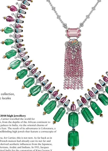  ??  ?? A vivid selection of coloured gemstones including emeralds, morganites, opals and tourmaline­s embody the festive and colourful ethos of Cartier’s Coloratura collection