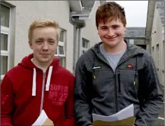  ??  ?? Thomas Reilly (Monamolin) and Darragh Kent (Rathangan) after collecting their results at St. Peter’s College.