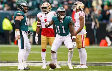  ?? Chris Szagola The Associated Press ?? Eagles wide receiver A.J. Brown (11) is arguably the best at his position on the field Sunday. Along with Devonta Smith, he gives the Eagles the edge at receiver over the Chiefs.