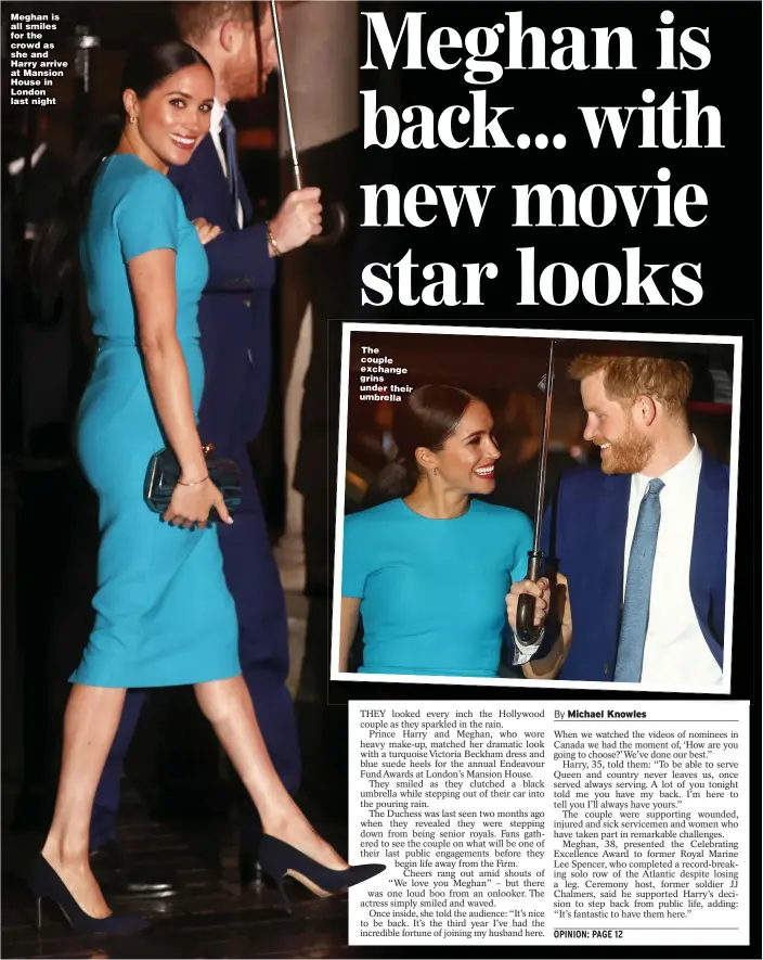  ?? Pictures: PA; GETTY ?? Meghan is all smiles for the crowd as she and Harry arrive at Mansion House in London last night