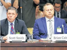  ?? POSTMEDIA NEWS ?? Witnesses Scott Smith, Hockey Canada President and Chief Operating Officer, left, and Hockey Canada Chief Financial Officer Brian Cairo, appear at the standing committee on Canadian Heritage in Ottawa on Wednesday, July 27, looking into how Hockey Canada handled allegation­s of sexual assault and a subsequent lawsuit.