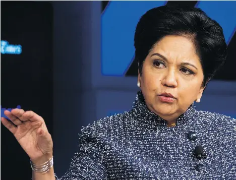  ?? MICHAEL NAGLE/BLOOMBERG FILES ?? Indra Nooyi is leaving her role as the first female and foreign-born CEO of food and beverage giant PepsiCo Inc., in October. Her departure drops the number of female CEOs in the S&amp;P 500 to 23. Under her 12-year tenure, the firm’s shares rose about 80 per cent.