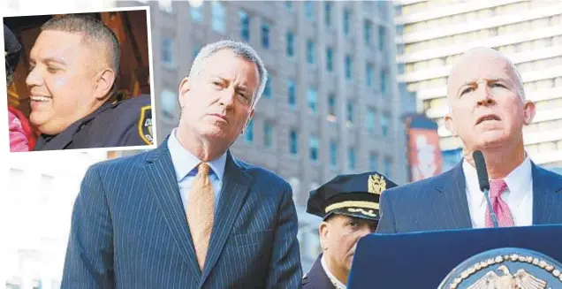  ?? SUSAN WATTS/NEW YORK DAILY NEWS ?? As if Mayor de Blasio (left) and top cop James O’Neill (right) don’t have enough to deal with, they must spend big bucks in cases like that of police Lt. Alexander Rojas (inset).
