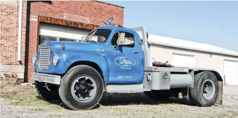  ??  ?? Marv Dane’s ‘63 Studebaker E45E-96BBC tractor is rated for a 24,000 pound GVW, with a combined rating of 42,000 pounds. The Detroit 4-53 is backed up by a Clark 5-speed with a direct 5th gear. The Rockwell 2-speed rear axle has a 5.41:1 high and a 7.44:1 low. Later in life, a Spicer three-speed over-direct-under splitter was added. The bed and tool boxes are custom. The truck was originally painted Blue Mist Metallic but Marv had his paint and body guy, Zack Brandell, use a darker Ford Blue, which is the “fleet” color for much of his farm equipment.