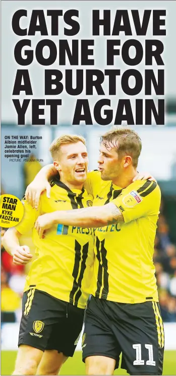  ?? PICTURE: PSI/John Potts ?? ON THE WAY: Burton Albion midfielder Jamie Allen, left, celebrates his opening goal