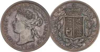  ??  ?? Silver 1 franc/10 pence patterncoi­n, 1867