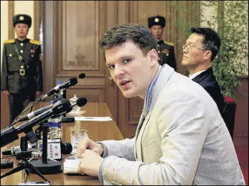  ?? AP ?? American student Otto Warmbier speaks during a press conference on Feb. 29, 2016, in Pyongyang, North Korea. Warmbier was detained in North Korea, accused of trying to take a propaganda banner, and sentenced to 15 years hard labor. He was released last...