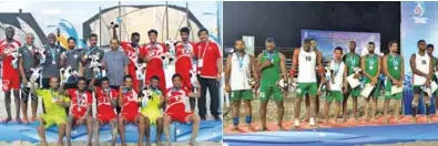  ??  ?? ON THE PODIUM: Oman football, left, and handball teams pose with their silver medals at the Asian Beach Games on Sunday.