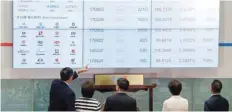  ?? — Reuters ?? Guests check a panel displaying bond trading during the launching ceremony of Bond Connect in Hong Kong.