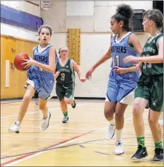  ?? ERIC BOURQUE ?? Action from the Nov. 16 and 17 junior high school girls basketball tournament at Maple Grove. Sarah Houston has the ball here for the host Panthers as teammate Zayna Eissa (11) looks on in a Friday afternoon game against Lockeport.