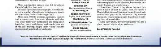  ?? THOMAS HAWTHORNE AND MICHAEL CHOW/THE REPUBLIC ?? Constructi­on continues on the Link PHX residentia­l towers in downtown Phoenix in late October. Such a sight now is common downtown as the area’s population surges to record levels.