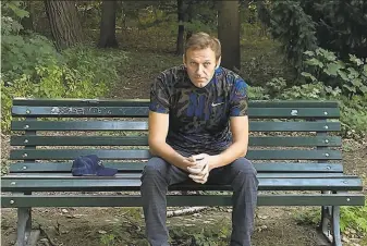  ?? Instagram account @navalny ?? Russian opposition leader Alexei Navalny sits on a bench in Berlin after being discharged from a hospital where he spent 24 days recovering from poisoning with a highly toxic nerve agent.