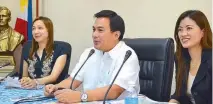  ??  ?? Calamba City Mayor Justin Marc SB. Chipeco with Councilors Ruth Mariano-Hernandez (leftmost) and Gigi Alcasid during the press conference held recently at the new Calamba City Hall