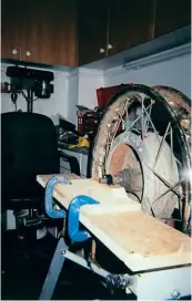  ??  ?? The wheels were well weary, so new rims and spokes were the order of the day. Neat set-up for wheelwork, too, using a jig on a Workmate