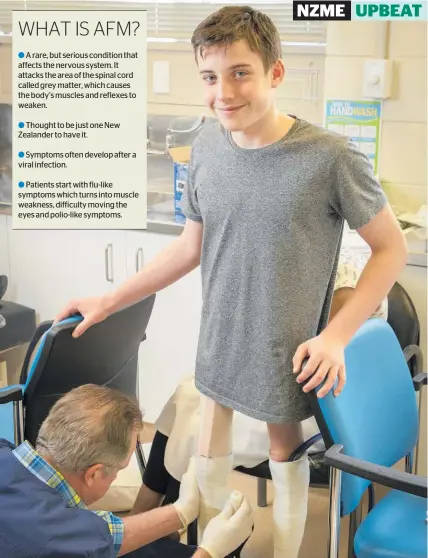  ?? Photo / Greg Bowker ?? Harry Randall is fitted for a dynamic leg brace by US specialist Marmaduke Loke.