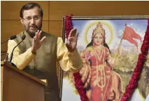  ?? — PTI ?? Union human resource developmen­t minister Prakash Javadekar addresses students at the launch of ‘Vidya, Veerta Abhiyaan’, or the ‘Wall of Heroes’ progamme, in New Delhi on Tuesday.