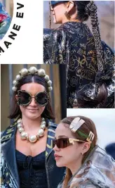  ?? ?? Clockwise from left: An over-the-top bow completes a quirky look. Get creative and turn unexpected objects into chic hair accessorie­s. Match an oversize pearl headband to a necklace. Gold-toned barrettes add a touch of class to sleek tresses