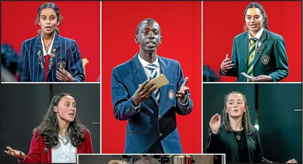  ?? WARWICK SMITH/STUFF ?? Leaders not of tomorrow, but of ‘‘now’’. Clockwise from bottom left, Stellar Talauta, Jiya Bothra, both Palmerston North Girls’ High School, winner Leo Mwape from Palmerston North Boys’ High School, Hineiwi Rangi of Whanganui High School, Manukura’s Te Atawhai Kaa, and, left, the judges.