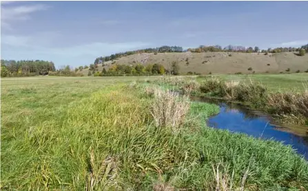  ?? ?? Trittstein­e der Biodiversi­tät: Altgrasstr­eifen an der Hürbe und Wacholderh­eide bei Burgberg (Hintergrun­d).