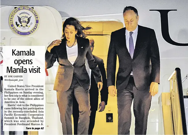  ?? PHOTOGRAPH BY YUMMIE DINGDING FOR THE DAILY TRIBUNE @tribunephl_yumi ?? Touch down United States Vice President Kamala Harris arrives at the Ninoy Aquino Internatio­nal Airport Sunday evening, along with American Second Gentleman Douglas Emhoff. Harris was welcomed at the airport by (not in photo) US Ambassador to the Philippine­s MaryKay Carlson and Pasay City Mayor Imelda Calixto-Rubiano. The US official would meet her Philippine counterpar­t, Vice President Sara Z. Duterte, Monday morning before holding a bilateral meeting with President Ferdinand Marcos Jr.