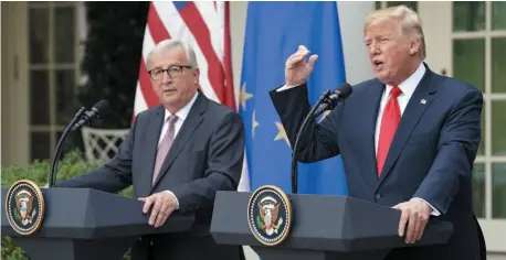  ?? CITIZEN NEWS SERVICE PHOTO ?? U.S. President Donald Trump and European Commission president Jean-Claude Juncker speak in the Rose Garden of the White House on Wednesday in Washington.