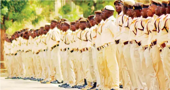  ?? PHOTO Sani Maikatanga ?? Immigratio­n officers during the flag off of the first batch of 500 officers to be trained on border patrol to curb the prevailing security challenges, in Kano yesterday.