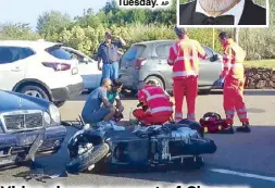  ??  ?? Ambulance personnel tend to a man lying on the ground, later identified as actor George Clooney (inset), after a scooter accident in Italy on Tuesday. AP