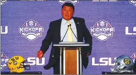  ?? Associated Press ?? High expectatio­ns for Tigers: LSU head coach Ed Orgeron speaks during the Southeaste­rn Conference media days Monday in Hoover, Ala.