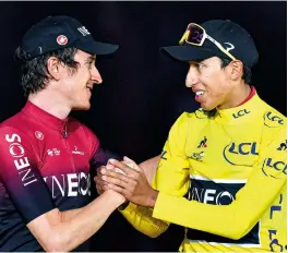  ??  ?? One Tour win is not enough, as Thomas aims for yellow again
All’s fair in Ineos as Thomas and Bernal shake hands on the Paris podium