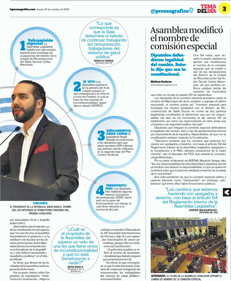  ??  ?? FUNCIONES. EL PRESIDENTE DE LA REPÚBLICA, NAYIB BUKELE, AFIRMÓ QUE LOS DIPUTADOS SE ATRIBUYERO­N FUNCIONES DEL ÓRGANO LEGISLATIV­O.