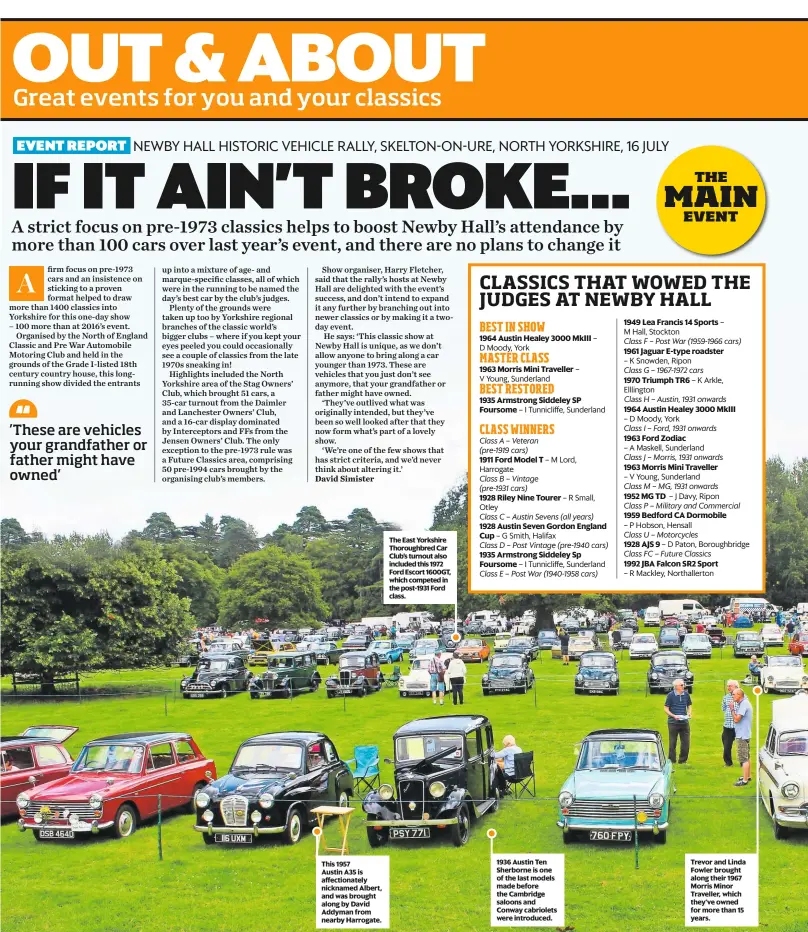  ??  ?? This 1957 Austin A35 is affectiona­tely nicknamed Albert, and was brought along by David Addyman from nearby Harrogate. The East Yorkshire Thoroughbr­ed Car Club’s turnout also included this 1972 Ford Escort 1600GT, which competed in the post-1931 Ford...