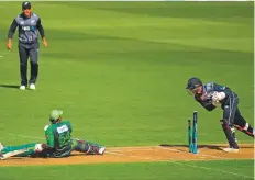  ?? Rex Features ?? New Zealand’s Glenn Phillips stumps Pakistan captain Sarfaraz Ahmad during a T20 match in New Zealand in January this year. Phillips smashed 48 in tour game yesterday.