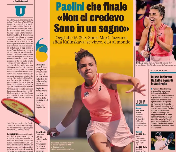  ?? GETTY LAPRESSE ?? Jasmine
Il piazzament­o delle tenniste italiane nella classifica Atp
Un titolo vinto Jasmine Paolini, 28 anni, nel 2021 ha trionfato nel Wta 250 a Portorose, in Slovenia
Donne
Wta 1000 Dubai Semifinali: PAOLINI b. Cirstea (Rom) 6-2 7-6 (6); Kalinskaya Rus) b. Swiatek (Pol) 6-4 6-4
Uomini
Atp 500 Rio Quarti: F. Cerundolo (Arg) b. Lajovic (Ser) 3-6 6-4 6-4
Semifinali:
Mensik (R.Cec) b. Monfils (Fra) 6-4 1-6 6-3; Khachanov (Rus) b. Popyrin (Aus) 7-6 (12) 6-2